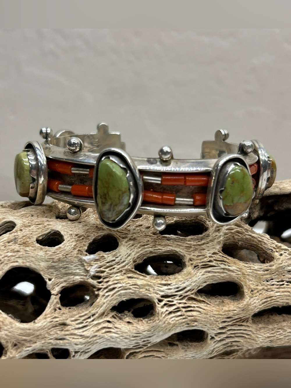 Sterling Silver Cuff Bracelet Coral Turquoise AZ Navajo Darrell Jumbo